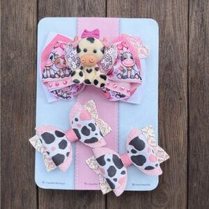 Handmade Cow Print Hair Bow Set for Girls